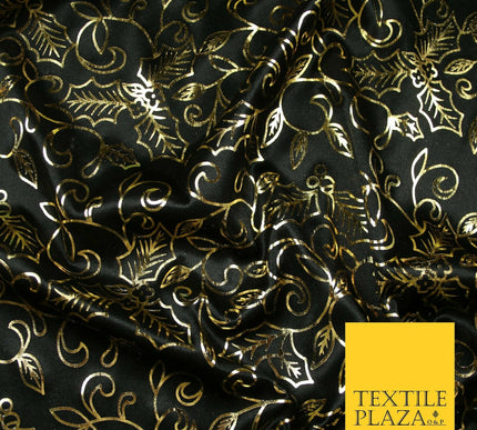 Black Gold Festive Ornate Holly Shiny Computer Foil Fabric Costume Dancewear7100