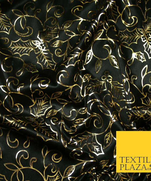 Black Gold Festive Ornate Holly Shiny Computer Foil Fabric Costume Dancewear7100
