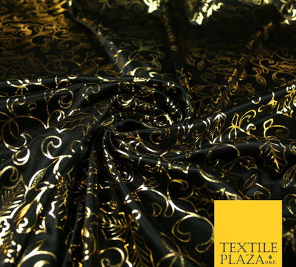 Black Gold Festive Ornate Holly Shiny Computer Foil Fabric Costume Dancewear7100
