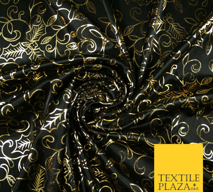 Black Gold Festive Ornate Holly Shiny Computer Foil Fabric Costume Dancewear7100