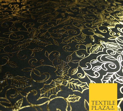 Black Gold Festive Ornate Holly Shiny Computer Foil Fabric Costume Dancewear7100