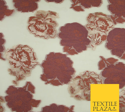 Dusty Rose Pink Gold Metallic Rose Carnation Floral Textured Organza Fabric 7176