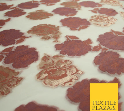 Dusty Rose Pink Gold Metallic Rose Carnation Floral Textured Organza Fabric 7176