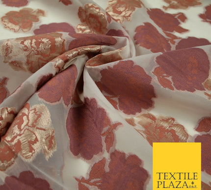 Dusty Rose Pink Gold Metallic Rose Carnation Floral Textured Organza Fabric 7176