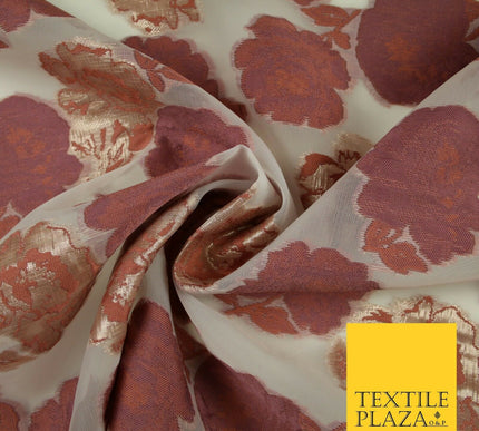 Dusty Rose Pink Gold Metallic Rose Carnation Floral Textured Organza Fabric 7176