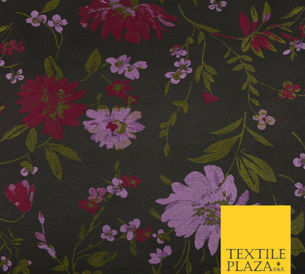 Plum Lilac Green Ornate Floral Leafy Flowers Gardenia Jacquard Dress Fabric 7157