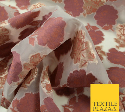Dusty Rose Pink Gold Metallic Rose Carnation Floral Textured Organza Fabric 7176