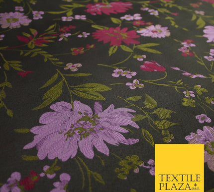 Plum Lilac Green Ornate Floral Leafy Flowers Gardenia Jacquard Dress Fabric 7157