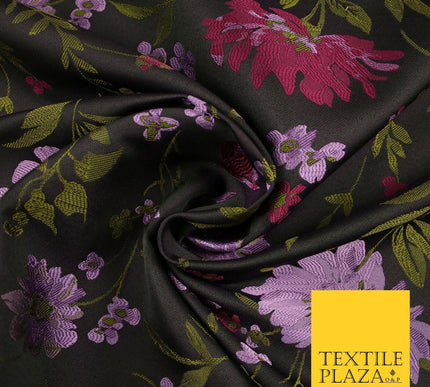 Plum Lilac Green Ornate Floral Leafy Flowers Gardenia Jacquard Dress Fabric 7157
