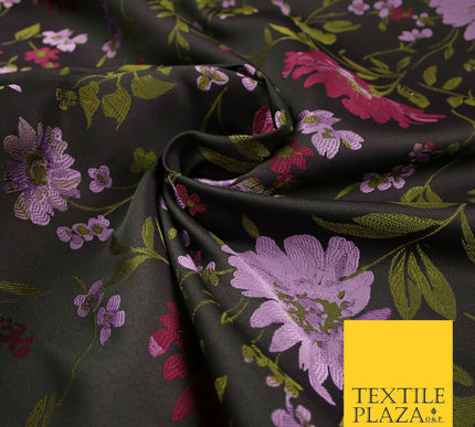 Plum Lilac Green Ornate Floral Leafy Flowers Gardenia Jacquard Dress Fabric 7157