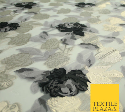 White Black Gold Metallic Rose Carnation Floral Textured Organza Fabric 7175