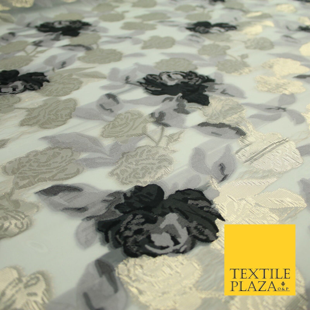 White Black Gold Metallic Rose Carnation Floral Textured Organza Fabric 7175