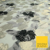 White Black Gold Metallic Rose Carnation Floral Textured Organza Fabric 7175