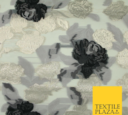 White Black Gold Metallic Rose Carnation Floral Textured Organza Fabric 7175