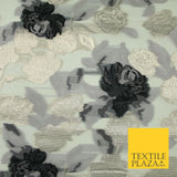 White Black Gold Metallic Rose Carnation Floral Textured Organza Fabric 7175