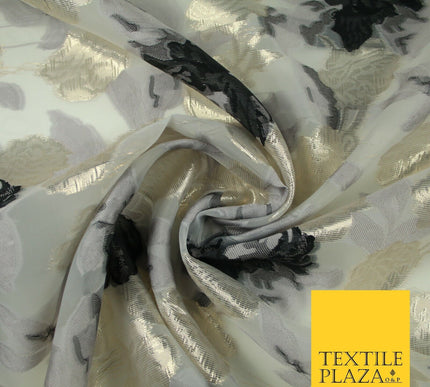 White Black Gold Metallic Rose Carnation Floral Textured Organza Fabric 7175