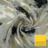White Black Gold Metallic Rose Carnation Floral Textured Organza Fabric 7175