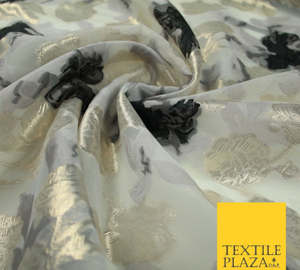 White Black Gold Metallic Rose Carnation Floral Textured Organza Fabric 7175