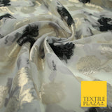 White Black Gold Metallic Rose Carnation Floral Textured Organza Fabric 7175