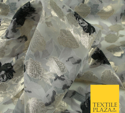 White Black Gold Metallic Rose Carnation Floral Textured Organza Fabric 7175