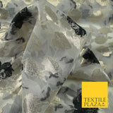 White Black Gold Metallic Rose Carnation Floral Textured Organza Fabric 7175