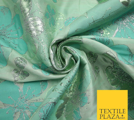 Mint Green Floral Bloom Metallic Textured Brocade Jacquard Dress Fabric 7206