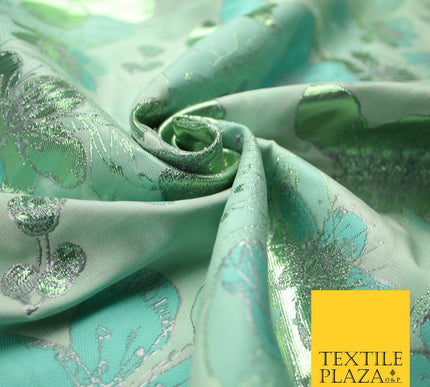 Mint Green Floral Bloom Metallic Textured Brocade Jacquard Dress Fabric 7206