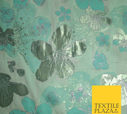 Mint Green Floral Bloom Metallic Textured Brocade Jacquard Dress Fabric 7206