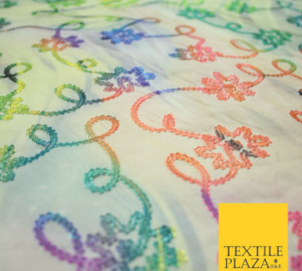 Tie Dye Rainbow Lace Embroidered Cotton Lawn Dori Fashion Fabric Craft 50" 7210