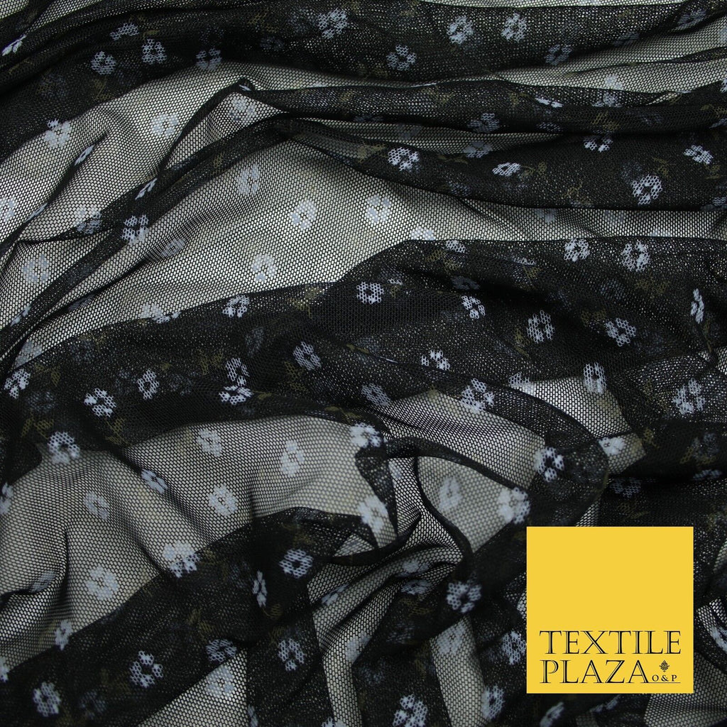 Black Denim Blue Mini Floral Print Power Mesh Net Stretch Dress Fabric 8023