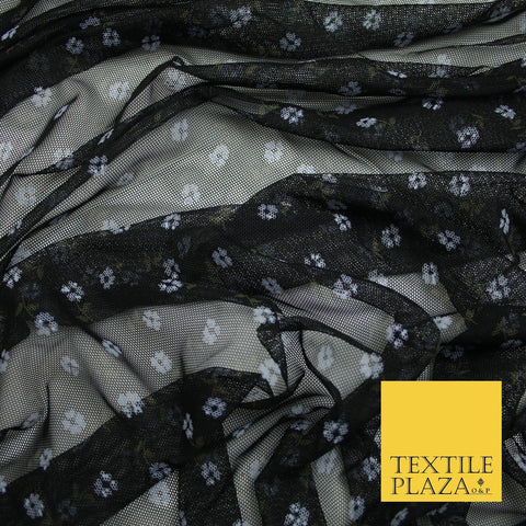 Black Denim Blue Mini Floral Print Power Mesh Net Stretch Dress Fabric 8023