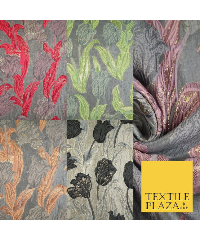 5 COLOURS - Large Leafy Tulip Creased Textured Brocade Jacquard Dress Fabric 59"