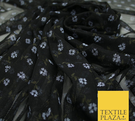 Black Denim Blue Mini Floral Print Power Mesh Net Stretch Dress Fabric 8023