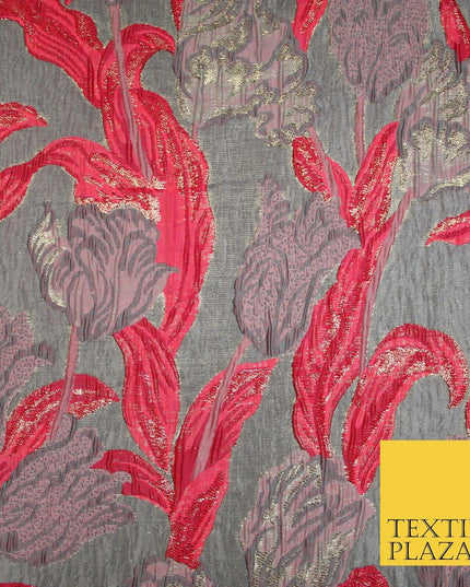 5 COLOURS - Large Leafy Tulip Creased Textured Brocade Jacquard Dress Fabric 59"