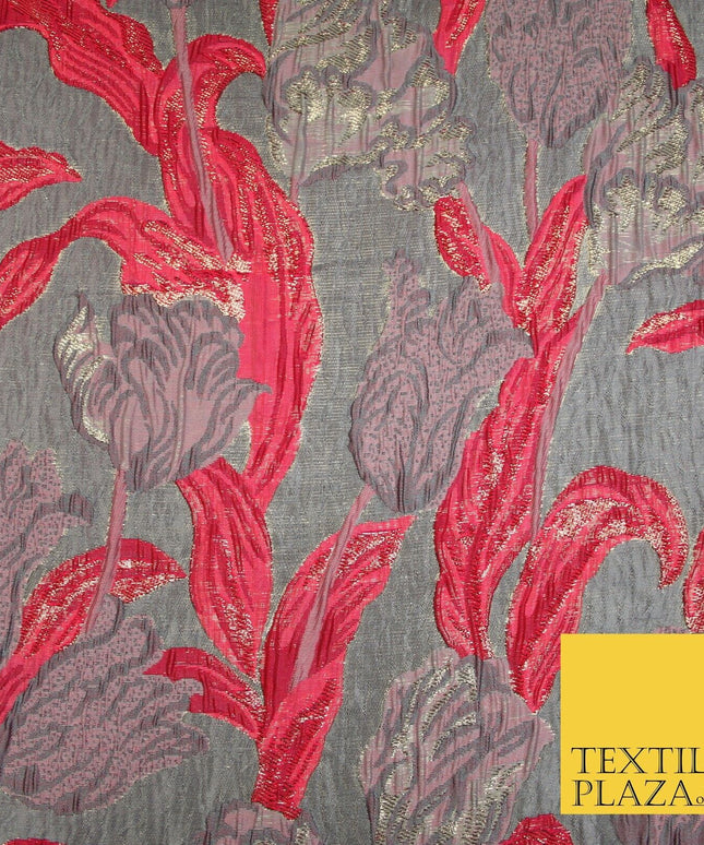 5 COLOURS - Large Leafy Tulip Creased Textured Brocade Jacquard Dress Fabric 59"