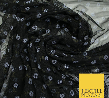 Black Denim Blue Mini Floral Print Power Mesh Net Stretch Dress Fabric 8023