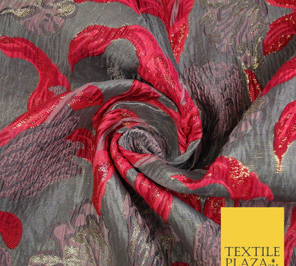 5 COLOURS - Large Leafy Tulip Creased Textured Brocade Jacquard Dress Fabric 59"