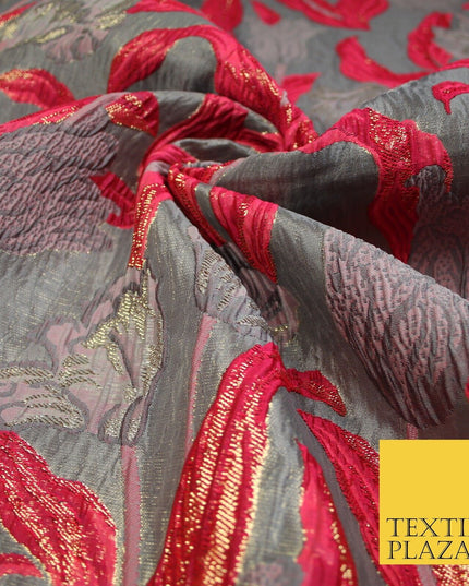 5 COLOURS - Large Leafy Tulip Creased Textured Brocade Jacquard Dress Fabric 59"