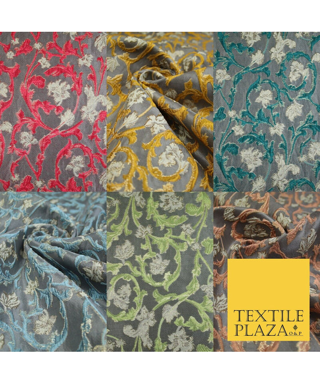 6 COLOURS Grey Ornamental Floral Vine Textured Brocade Jacquard Dress Fabric 59"