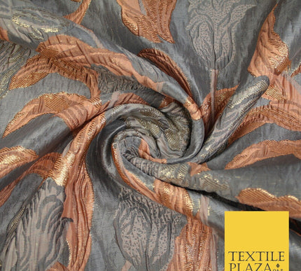 5 COLOURS - Large Leafy Tulip Creased Textured Brocade Jacquard Dress Fabric 59"