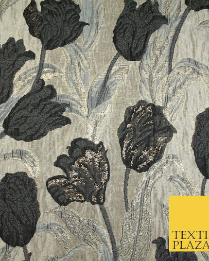 5 COLOURS - Large Leafy Tulip Creased Textured Brocade Jacquard Dress Fabric 59"
