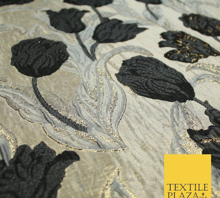 5 COLOURS - Large Leafy Tulip Creased Textured Brocade Jacquard Dress Fabric 59"