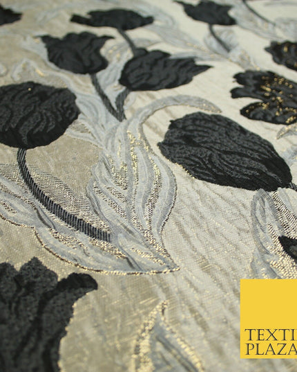 5 COLOURS - Large Leafy Tulip Creased Textured Brocade Jacquard Dress Fabric 59"
