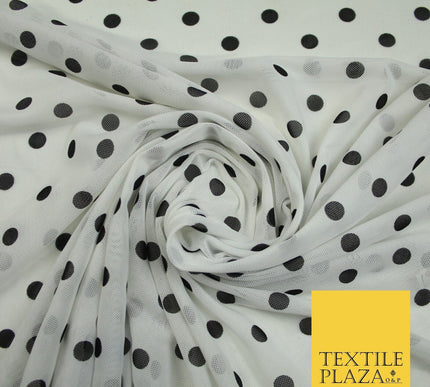 Black & White Spot Polka Dot Printed Power Mesh Net Stretch Dress Fabric 8021