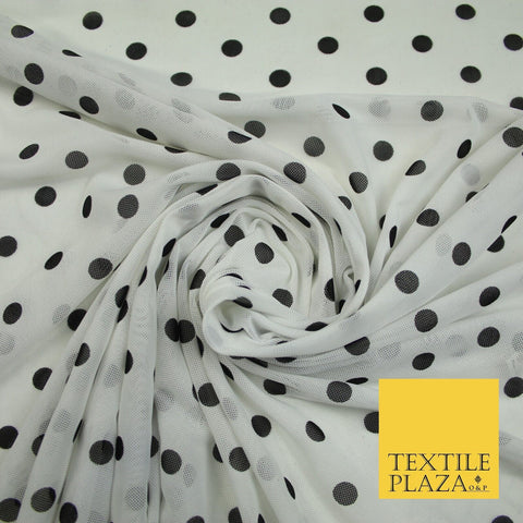 Black & White Spot Polka Dot Printed Power Mesh Net Stretch Dress Fabric 8021