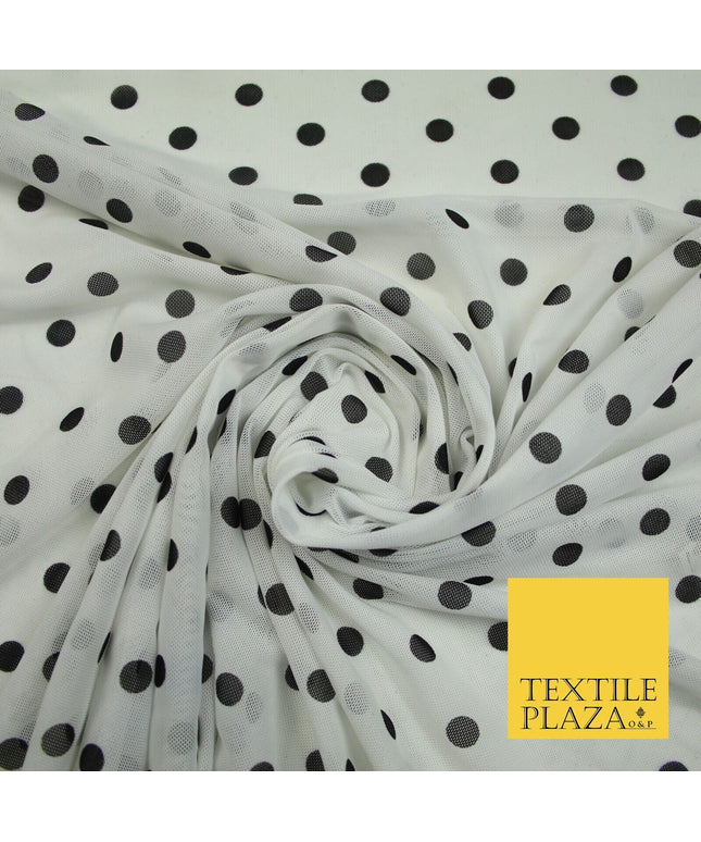 Black & White Spot Polka Dot Printed Power Mesh Net Stretch Dress Fabric 8021