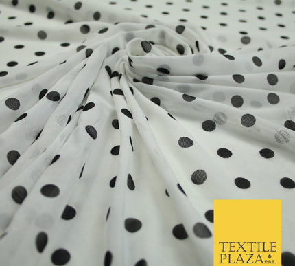 Black & White Spot Polka Dot Printed Power Mesh Net Stretch Dress Fabric 8021