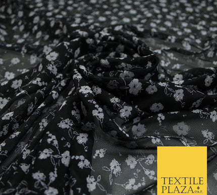 Black with LIGHT LILAC Floral Printed Power Mesh Net Stretch Dress Fabric 8019