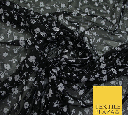 Black with LIGHT LILAC Floral Printed Power Mesh Net Stretch Dress Fabric 8019