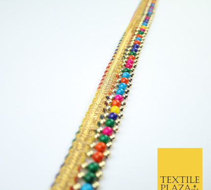 Multicolour Colourful Pearl Beaded Gold Ribbon Trim Border Lace - 2cm Wide X576